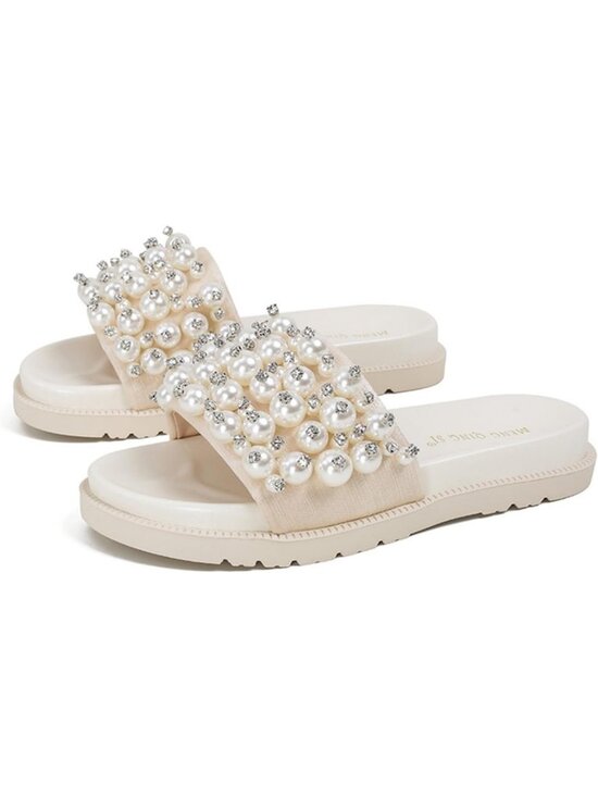 Shoes - Stylish Pearl Rhinestone Platform Slide Sandals - Open Toe, Cushioned Footbed